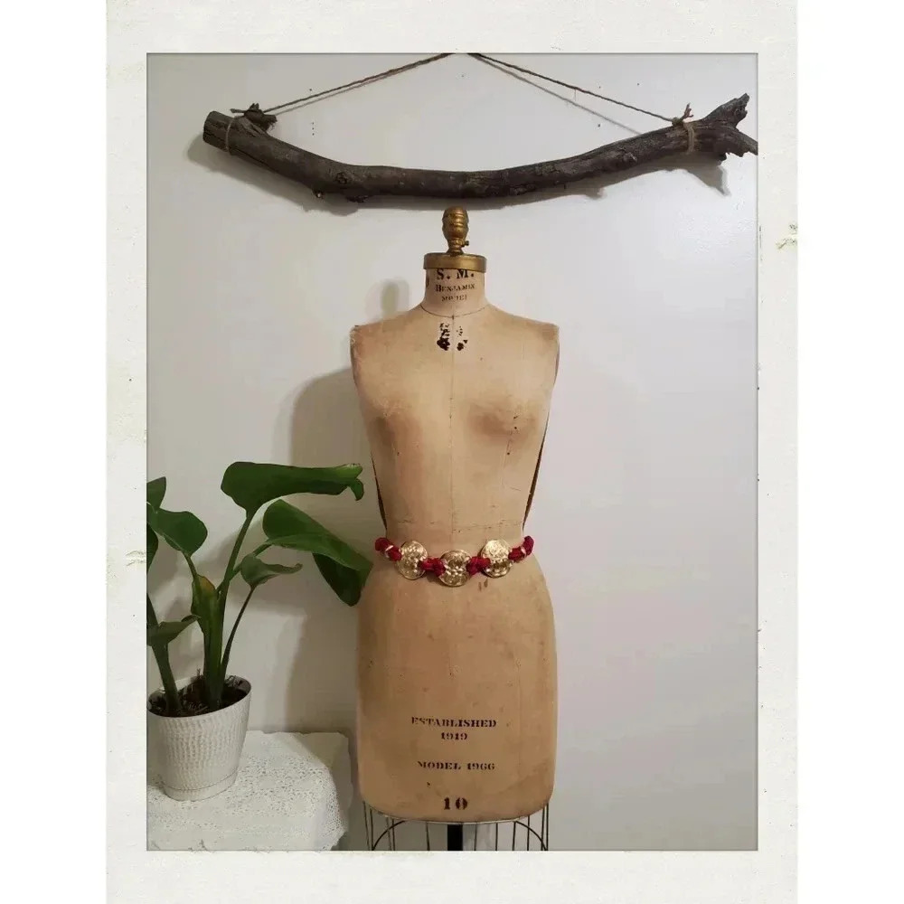 Vintage Magenta Gold Art Deco Glam Hook Woven Belt